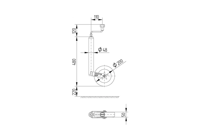 Stödhjul med gjutjärnsklämma KNOTT TK48+LBG48 150kg 48mm 480-700mm