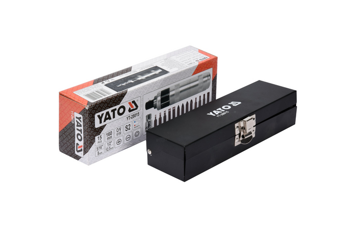 Slagskruvmejselsats med magnetiska spetsar YATO YT-28015 15 delar.