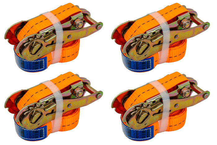Set med fyra UNITRAILER 4m/25mm/1t orange transportband med spännare